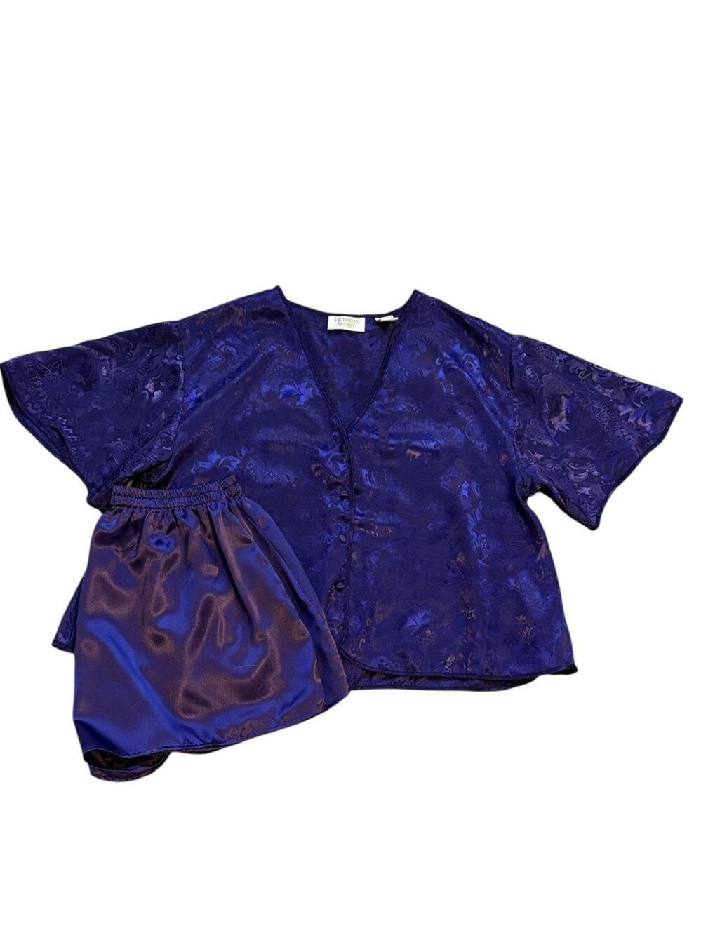 Victoria's Secret Gold Label Satin Pajama Set Floral Pattern Purple Size M